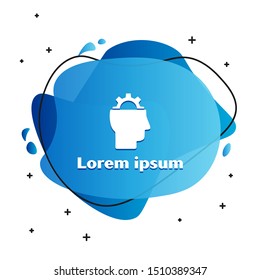 White Human with gear inside icon isolated on white background. Artificial intelligence. Thinking brain sign. Symbol work of brain. Abstract banner with liquid shapes. Vector Illustration
