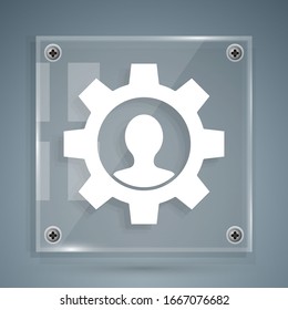 White Human with gear inside icon isolated on grey background. Artificial intelligence. Thinking brain sign. Symbol work of brain. Square glass panels. Vector Illustration