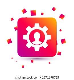 White Human with gear inside icon isolated background. Artificial intelligence. Thinking brain sign. Symbol work of brain. Square color button. Vector Illustration
