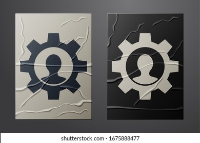 White Human with gear inside icon isolated on crumpled paper background. Artificial intelligence. Thinking brain sign. Symbol work of brain. Paper art style. Vector Illustration