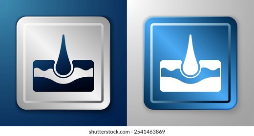 White Human hair follicle icon isolated on blue and grey background. Hair care treatment. Silver and blue square button. Vector