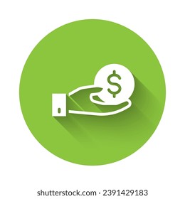 White Human hand giving money icon isolated with long shadow. Receiving money icon. Green circle button. Vector