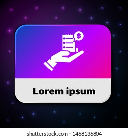 White Human hand holding with blank receipt or bill for payment icon isolated on black background. Banking and business operations. Rectangle color button. Vector Illustration