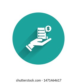 White Human hand holding with blank receipt or bill for payment icon isolated with long shadow. Banking and business operations. Green circle button. Vector Illustration