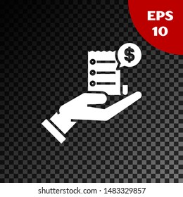 White Human hand holding with blank receipt or bill for payment icon isolated on transparent dark background. Banking and business operations.  Vector Illustration