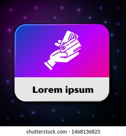 White Human hand holding with credit card icon isolated on black background. Online payment. Pay by card. Financial operations. Rectangle color button. Vector Illustration