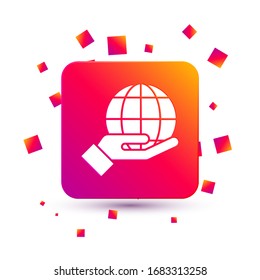 White Human hand holding Earth globe icon isolated on white background. Save earth concept. Square color button. Vector Illustration