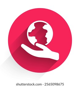 White Human hand holding Earth globe icon isolated with long shadow. Save earth concept. Red circle button. Vector