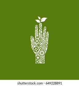 White Human hand made of little gears and wheels on green background. Three tender leaves grow on finger. Eco friendly technology icon. World Environment day label. Vector illustration.