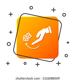 White Human hand throwing game dice icon isolated on white background. Orange square button. Vector Illustration