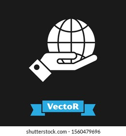 White Human hands holding Earth globe icon isolated on black background. Save earth concept.  Vector Illustration