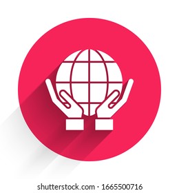 White Human hands holding Earth globe icon isolated with long shadow. Save earth concept. Red circle button. Vector Illustration