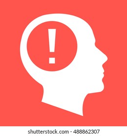 White human head, face profile silhouette with exclamation point. Flat design vector illustration isolated on red background