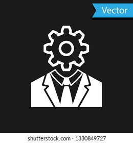 White Human head with gear inside icon isolated on black background. Artificial intelligence. Thinking brain sign. Symbol work of brain. Vector Illustration
