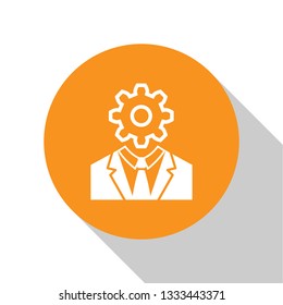 White Human head with gear inside icon isolated on white background. Artificial intelligence. Thinking brain sign. Symbol work of brain. Orange circle button. Flat design. Vector Illustration