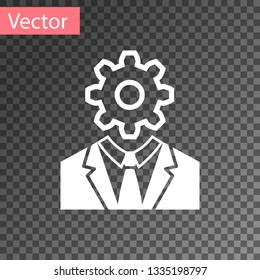 White Human head with gear inside icon isolated on transparent background. Artificial intelligence. Thinking brain sign. Symbol work of brain. Vector Illustration
