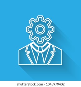 White Human head with gear inside icon isolated with long shadow. Artificial intelligence. Thinking brain sign. Symbol work of brain. Vector Illustration