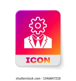 White Human head with gear inside icon isolated on white background. Artificial intelligence. Thinking brain sign. Symbol work of brain. Rectangle color button. Vector Illustration