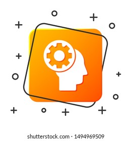 White Human head with gear inside icon isolated on white background. Artificial intelligence. Thinking brain sign. Symbol work of brain. Orange square button. Vector Illustration