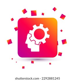 White Human head with gear inside icon isolated on white background. Artificial intelligence. Thinking brain. Symbol work of brain. Square color button. Vector Illustration