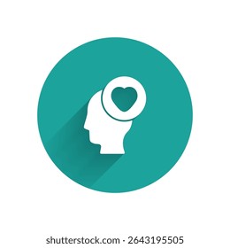 White Human head with heart icon isolated with long shadow. Love concept with human head. Green circle button. Vector