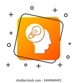 White Human head with lamp bulb icon isolated on white background. Orange square button. Vector Illustration