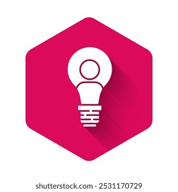 White Human head with lamp bulb icon isolated with long shadow. Pink hexagon button. Vector