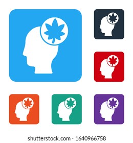 White Human head with leaf icon isolated on white background. Set icons in color square buttons. Vector Illustration