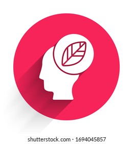 White Human head with leaf inside icon isolated with long shadow. Red circle button. Vector Illustration