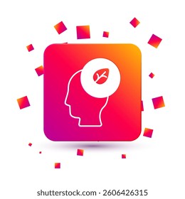 White Human head with leaf inside icon isolated White background. Square color button. Vector