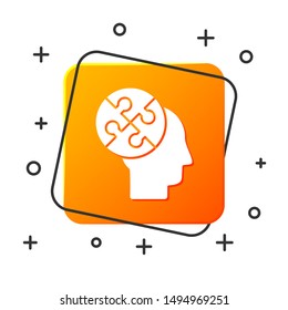 White Human head puzzles strategy icon isolated on white background. Thinking brain sign. Symbol work of brain. Orange square button. Vector Illustration