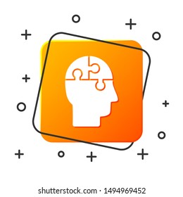 White Human head puzzles strategy icon isolated on white background. Thinking brain sign. Symbol work of brain. Orange square button. Vector Illustration