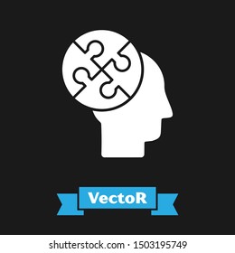 White Human head puzzles strategy icon isolated on black background. Thinking brain sign. Symbol work of brain.  Vector Illustration