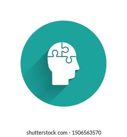 White Human head puzzles strategy icon isolated with long shadow. Thinking brain sign. Symbol work of brain. Green circle button. Vector Illustration