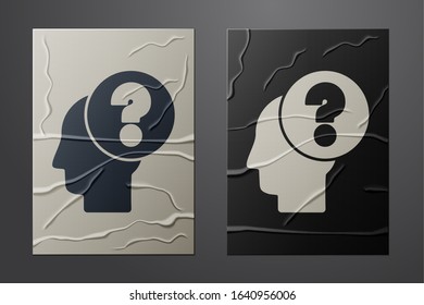 White Human head with question mark icon isolated on crumpled paper background. Paper art style. Vector Illustration