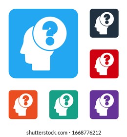 White Human head with question mark icon isolated on white background. Set icons in color square buttons. Vector Illustration