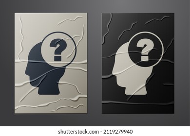 White Human head with question mark icon isolated on crumpled paper background. Paper art style. Vector