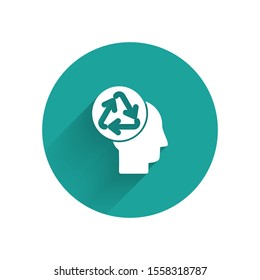 White Human head with recycle icon isolated with long shadow. Recycling thinking. Ecology friendly. Green circle button. Vector Illustration
