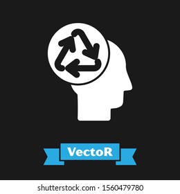 White Human head with recycle icon isolated on black background. Recycling thinking. Ecology friendly.  Vector Illustration