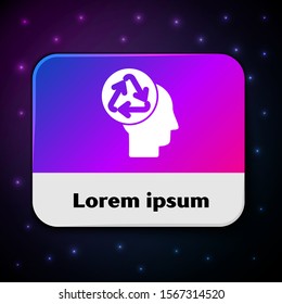 White Human head with recycle icon isolated on black background. Recycling thinking. Ecology friendly. Rectangle color button. Vector Illustration