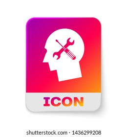 White Human head with with screwdriver and wrench icon isolated on white background. Artificial intelligence. Symbol work of brain. Rectangle color button. Vector Illustration