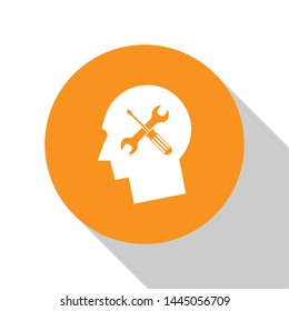 White Human head with with screwdriver and wrench icon isolated on white background. Artificial intelligence. Symbol work of brain. Orange circle button. Vector Illustration