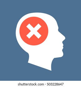 White human head silhouette and red checkmark icon. Cross in red circle. Abstract concept. Flat design vector illustration isolated on dark blue background