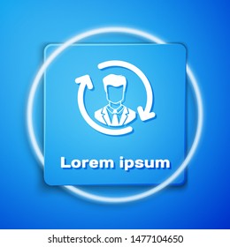 White Human resources icon isolated on blue background. Concept of human resources management, professional staff research, head hunter job. Blue square button. Vector Illustration