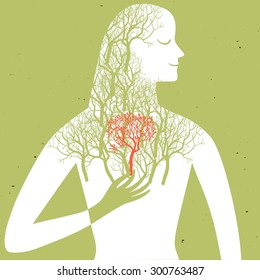 White human silhouette on old paper background with trees inside him. Conceptual nature and environment ecology theme. Vector illustration for your design.