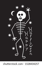 White human skeleton on the background of stars and the moon with the inscription Happy Halloween. Horror for Halloween. Vector art graphic.