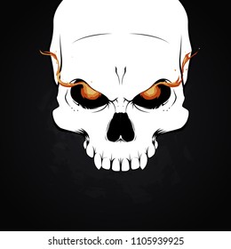 A white human skull and burning eyes black background  skull without mandible  demonic skull