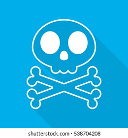 White human skull with crossbones. Abstract skull with long shadow, on blue background. Vector illustration