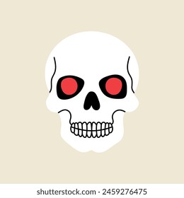 White human skull with red eyes character, Halloween element in modern flat, line style. Hand drawn illustration