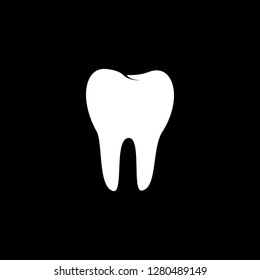A white human tooth on a black background. Icon, logo, emblem of the tooth. Dentistry Dentist. Vector. EPS 10